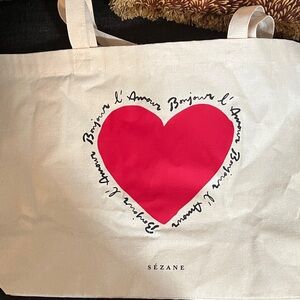 Sezane Bonjour L’Amour Cream Tote Bag with Red Heart